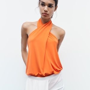 Zara Orange Halter Neck Bodysuit | Twist Tank Top